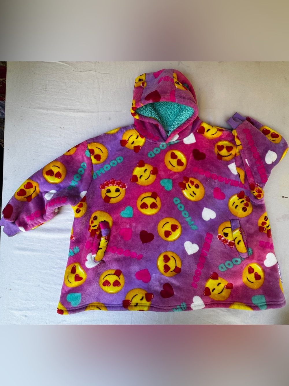 Kids Plush Emoji Hooded One-Piece in Purple and Turquoise one size 4-10
